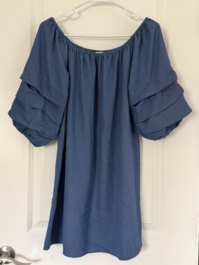 love J Dusty Blue Off-Shoulder Mini Banydoll Dress w/Tiered Puff Sleeves